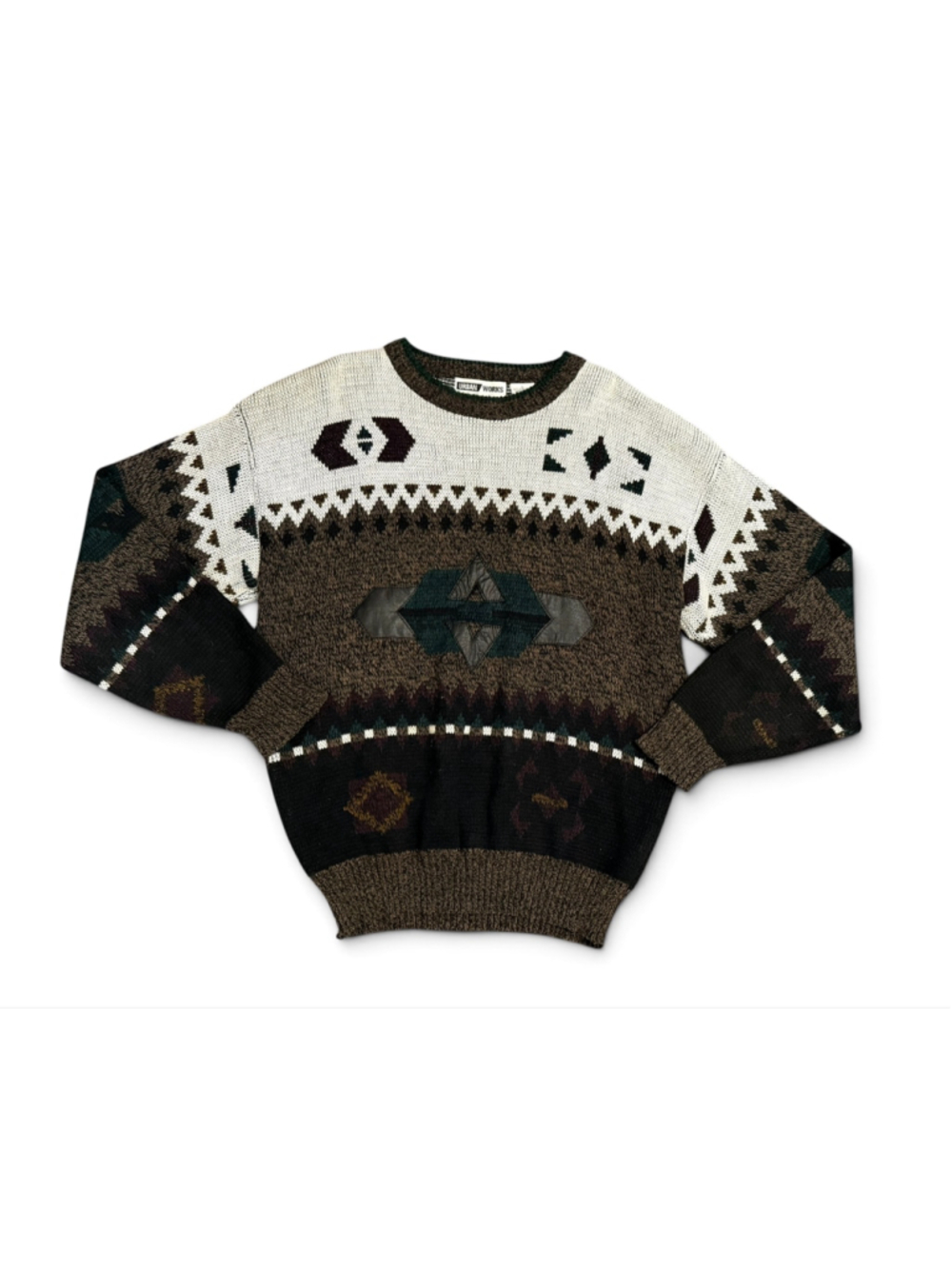 Vintage Urban Works Southwestern Leather Trim Knit Sweater Mens Large USA 90s - Picture 2 of 7